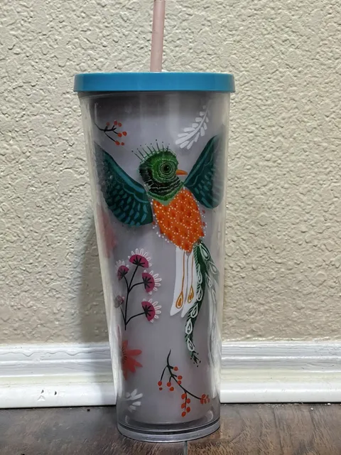 Starbucks 2017 Quetzal Bird Blue Floral Flowers Venti Tumbler 24oz Cold Cup