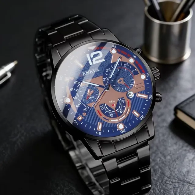 Geneva Men's Luxury Quartz Watch Black And Blue Dial