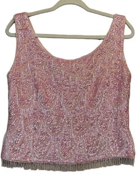 Vintage Fairycore Fully Beaded Sequin Pink Tank Top Blouse