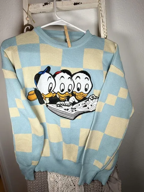 Disney Parks Huey Dewey Louie Sweater Blue Yellow Checkered Knit