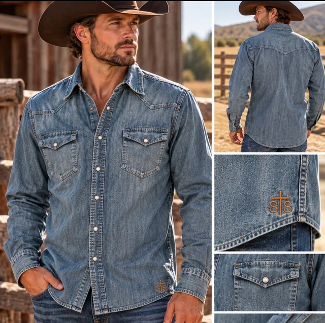 STS Ranchwear Men’s S Denim Pearl Snap Western Shirt Distressed Cowboy Ranch