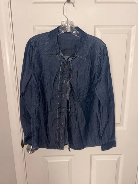 Jones New York L Blue Cotton Denim Ruffled Long Sleeve Collar ...,