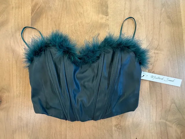 Mustard Seed Faux Leather Corset Top With Feather Trim Green Medium