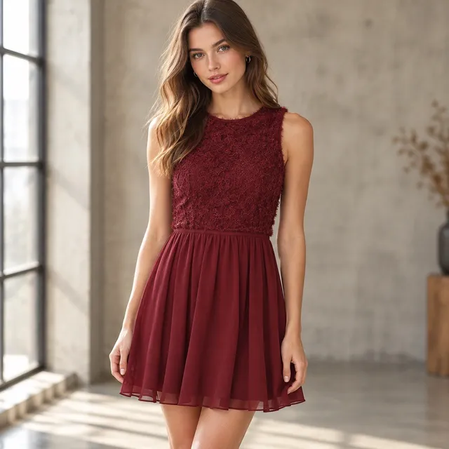 M.S.P. Dress Size 8 Burgundy Textured Bodice Chiffon Skirt Sleeveless