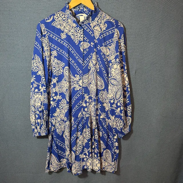 H&M Blue White Paisley Button Front Mini Dress Size M
