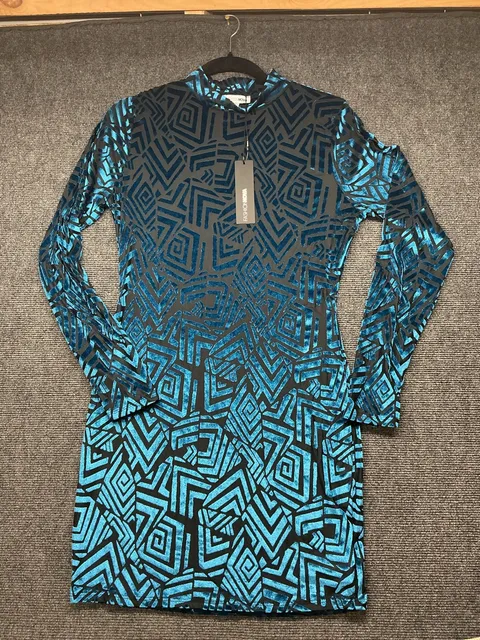 Alexa Velvet Geometric Long Sleeve Mock Neck Mini Dress NWT