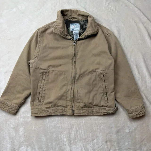 Old Navy 1990โs canvas work Jacket kids Size S Tan Cotton Camo Lined