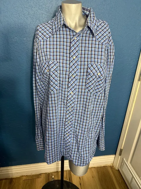 Vintage Wrangler Western Shirt Mens XL Tall Blue Plaid Pearl Snap Cowboy XLT