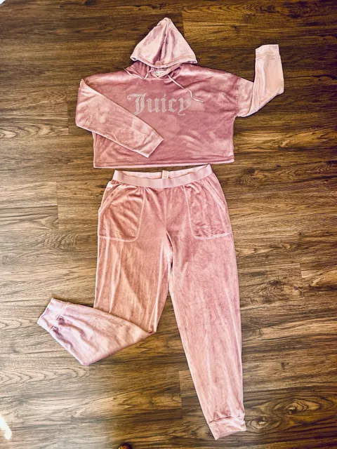 Juicy Couture Hoodie and Pants Pink Velour Rhinestone Set Size L