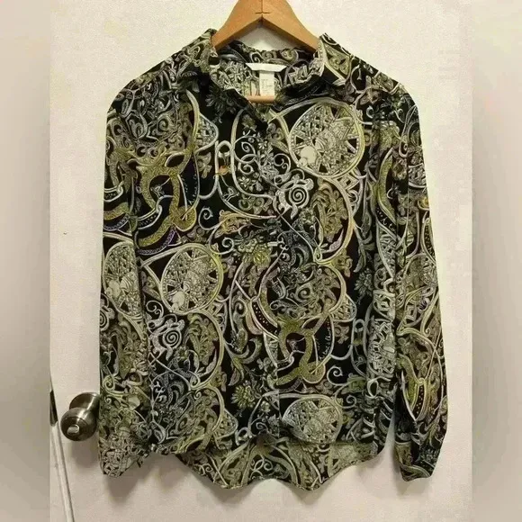 H&M Women Blouse Top Black Gold Floral Geometric Button Collar Long Sleeve US 4