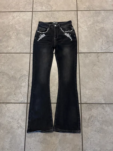 SKY Rhinestone Skull Wing Flare Jeans Size 5 Black Y2K Embellished