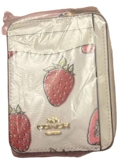 Coach Strawberry Print Mini Wallet ID Case White Gold