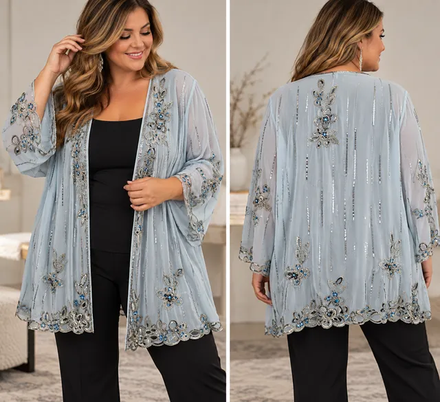 Midnight Velvet 2X Blue Beaded Sequin Duster Jacket Evening Formal Plus Size