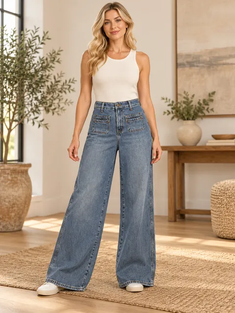 Old Navy High-Rise Baggy Wide Leg Jeans Blue Drapey Denim Size 0