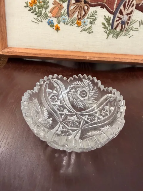 Vintage Clear Cut Glass Crystal Pinwheel Hobstar Sawtooth Bowl Trinket Dish