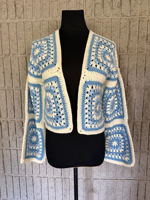 911 Beulah Granny Square Crochet Cardigan Blue White
