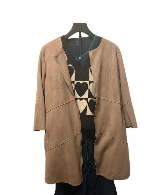 Esley Faux Suede Zip Front Jacket Size L Brown Long Trench Coat