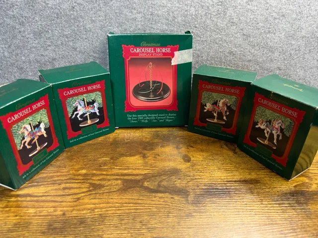 Hallmark 1989 Christmas Carousel Horse Ornaments Collection and Display Stand