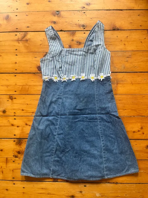 Triangle Blues Denim & Gingham Daisy Dress Size 11 Small/Medium 90s Cottagecore