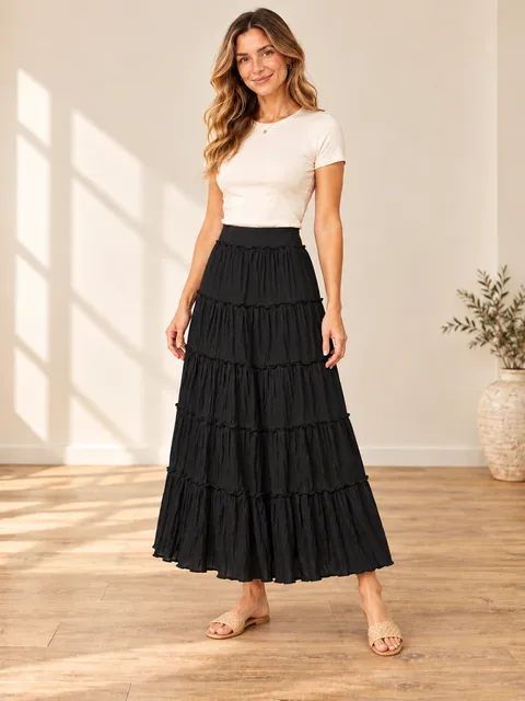 White House Black Market Black Tiered Midi Skirt Flowy Pull On Size S