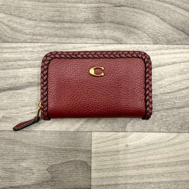 Coach Braided Leather Zip Around Card Case Wallet Red