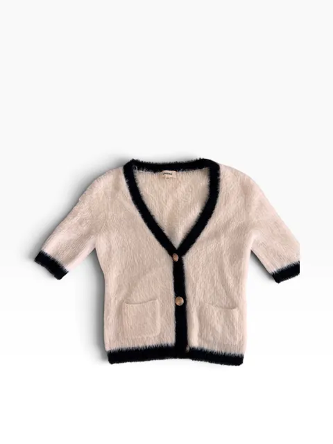 L'Agence Cardigan Size S/P White Black Fuzzy Short Sleeve