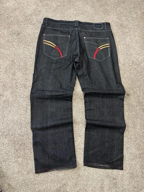 Early 2000s Parish Nation Vintage Denim Jeans 44x34 Black Embroidered Hip Hop Relaxed