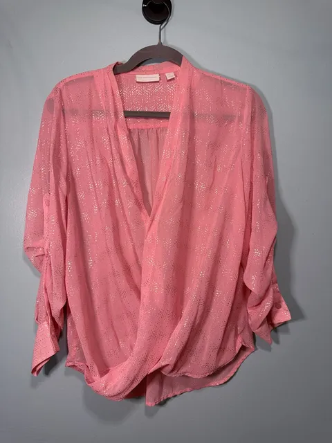 New York & Company Blouse Size M Pink Metallic Foil Wrap Front