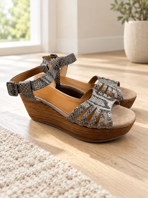 Trask Women’s Gray Snake Print Strappy Platform Wedge Sandals Size 8.5 M