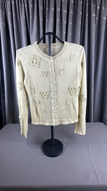 Cinq à Sept Flower Dots Knit Cardigan Beige Metallic Crochet