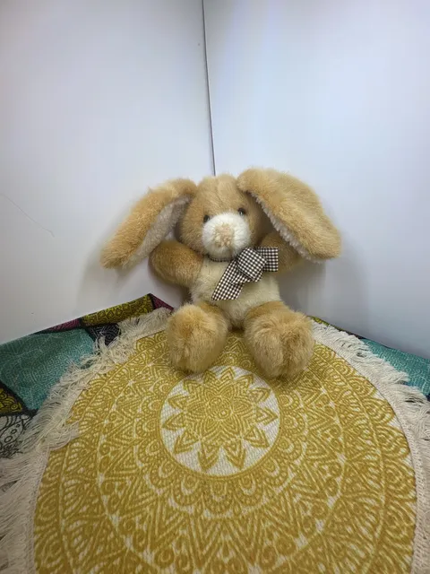 1994 Dakin Tan Floppy Easter Bunny Plaid Bow Brown Eyes Plush Stuffed Animal