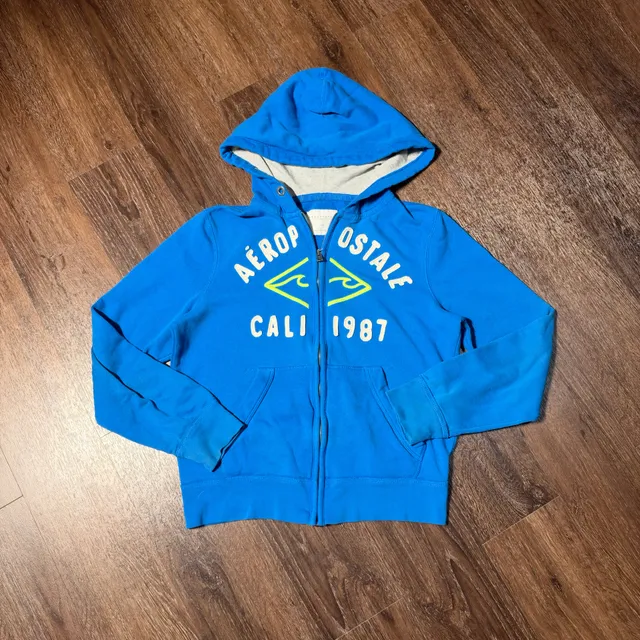 Essential Vintage Aeropostale Zip-Up Hoodie Size S Blue Cali Graphic Sweatshirt