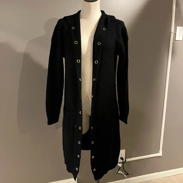 Venus Women’s Medium Black Long Cardigan Sweater with Gold Eyelets and Hood