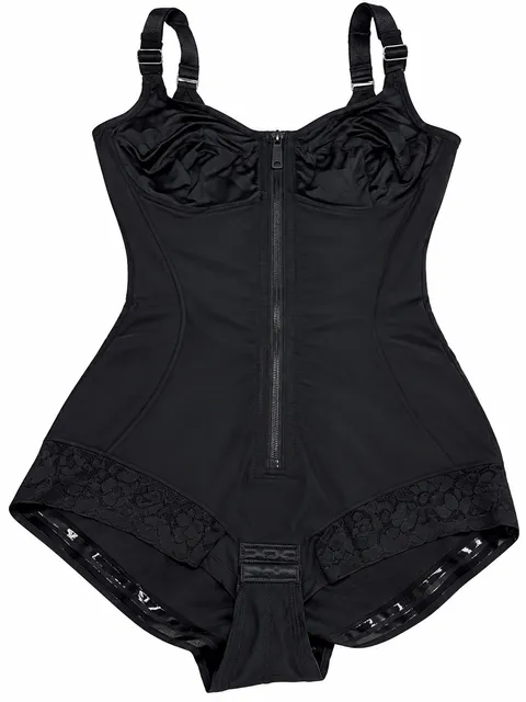 Yianna Bodysuit Shapewear Size L Black Zip Front Laced Edge