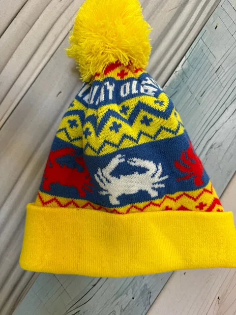 Maryland Crab Pom Beanie Hat Yellow Blue Red Fair Isle