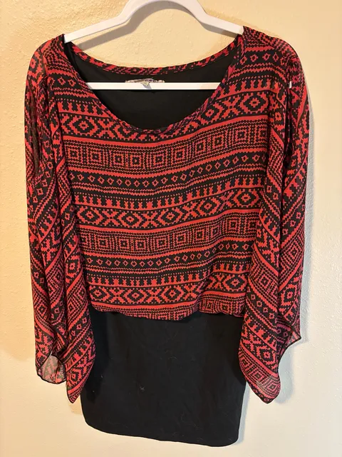 bailey/girl Dress Size XL Red Black Aztec Print Cold Shoulder Overlay