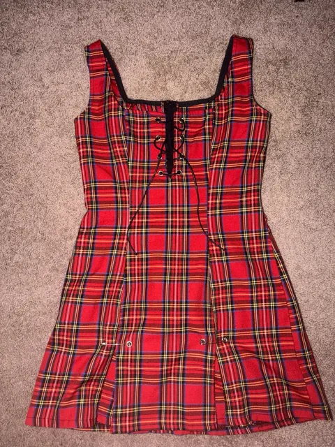 Vintage Lip Service Red Black Plaid Lace Up Corset Mini Dress