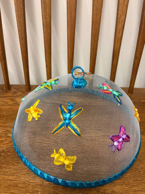 Vintage Mesh Food Dome Cover Colorful Butterfly Accent 11 Inch