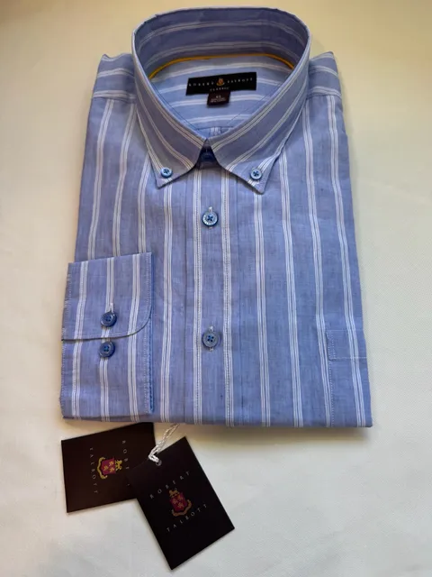 Robert Talbott Linen Blend Striped Button Down Shirt Quiet Luxury NWT Size XL