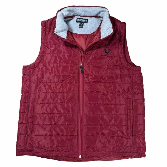 True Religion Puffer Vest Size L Red Quilted Collar Full Zip