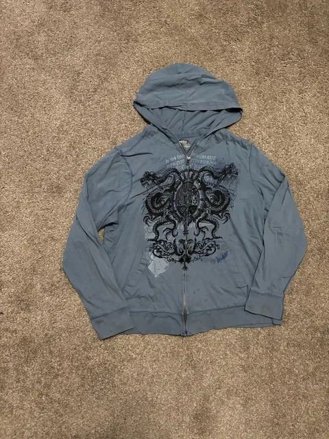 Early 2000s Simple Blue Graphicc Y2am Rubu Full Zip Hoodie Graphic