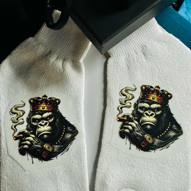 Custom Printed King Gorilla Crown Cigar Smoking White Crew Socks