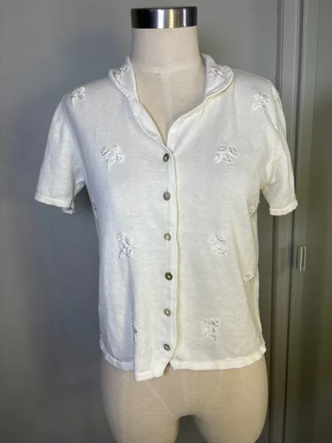 Koret Embroidered Cardigan Sweater White Floral Button Up Top