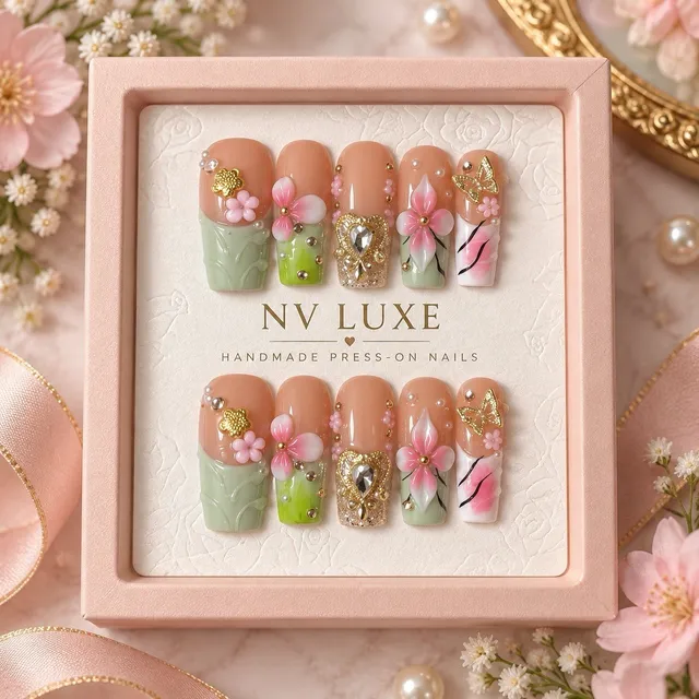 Reusable Floral Press On Nails Size L Square Pink Green Gold 10pc Set #019