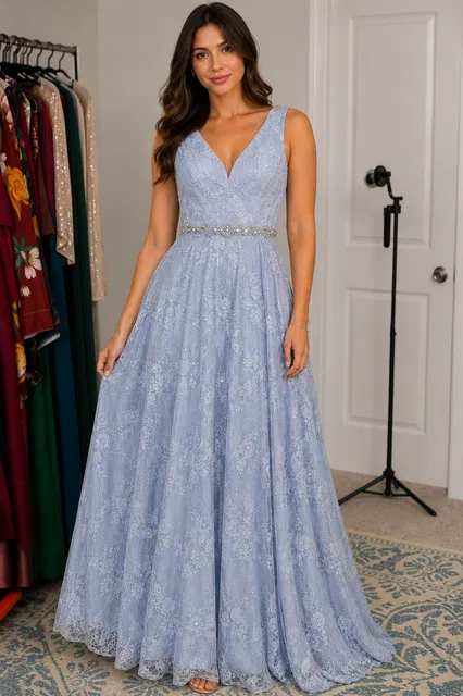 Blue Lace Sleeveless Floor Length Evening Gown with Beaded Waist Size 3