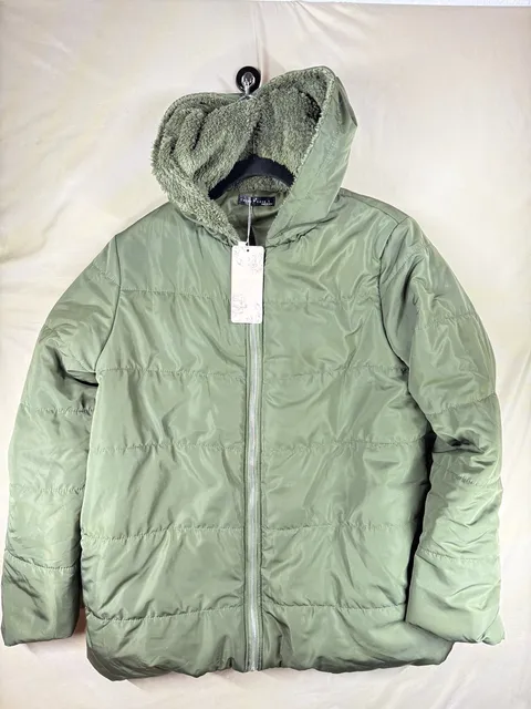 EMERY ROSE Puffer Jacket Size L Olive Green Sherpa Lined Hood NWT