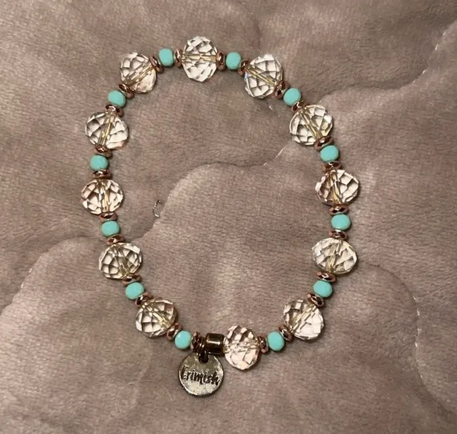 Erimish Beaded Stretch Bracelet Clear Teal Gold