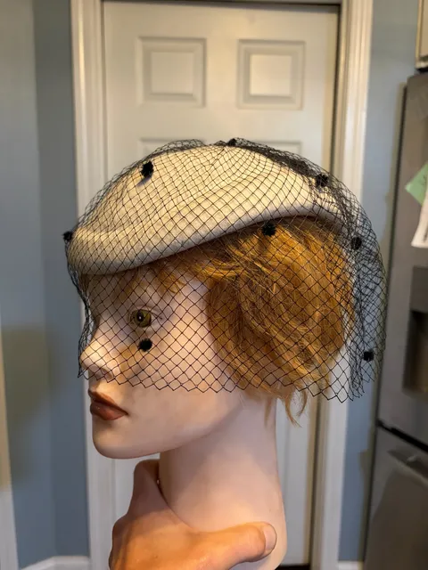 Vintage Wool Pillbox Hat With Black Veil And Bow