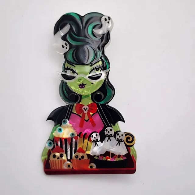 Spooky Cute Candy Seller Acrylic Brooch Retro Monster Woman Halloween Jewelry