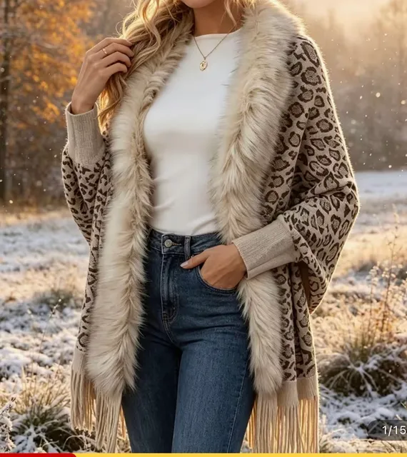 Leopard Print Faux Fur Collar Tassel Cardigan Sweater Coat